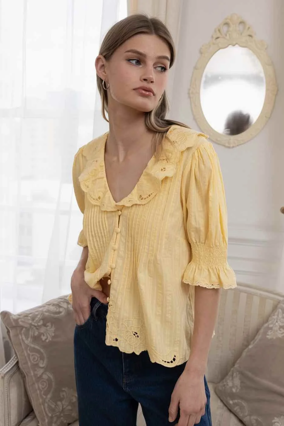 Raisonnel Yellow Embroidered Collar V-Neck Blouse — Camp Willow